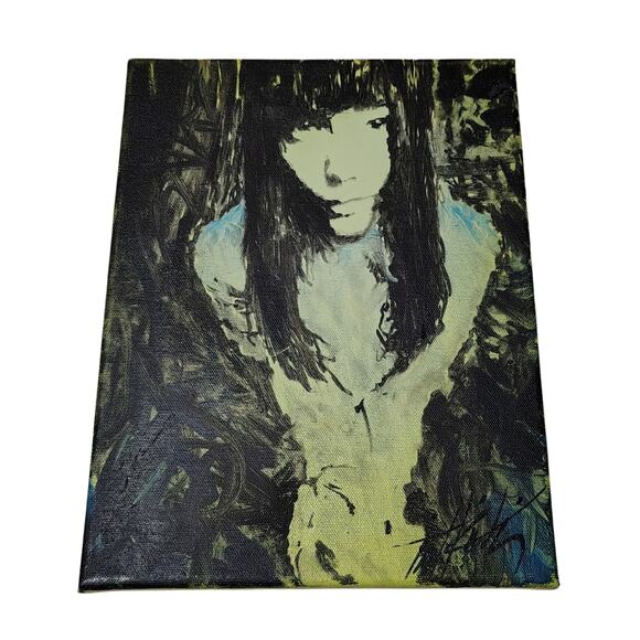 Bjork Hand Painted Canvas 12x9in Black Green Blue Arizona Local Art 2012 Vintage - Picture 1 of 6